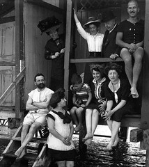 STEREO GLASS NEGATIVE, elegant girls and men on beach, swimsuits, rare, vintage