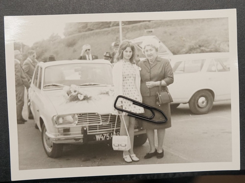 Photo portrait girl woman Renault car license plate W handbag model motor vehicle passenger car