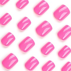 Press on Nails Short, Squoval Light Deep Neon Pink Solid Glossy Fake Nails…