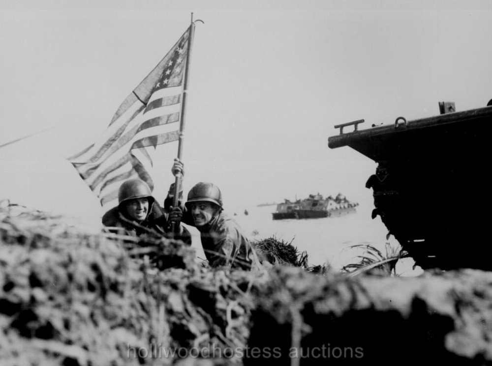 WWII US Officers 1st American Flag on Guam 1944 Photographic Reprint
