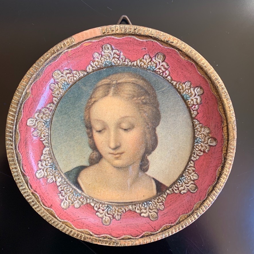Antique Raphael Madonna Framed Art Gilt Wood Religious Florence Italy Round 3.5″