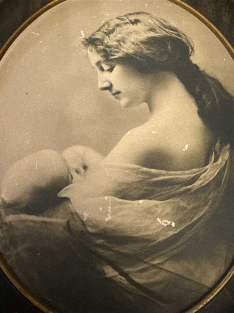 Antique Sepia Mother & Child Photogravure in Oval Frame, Art Nouveau c.1910