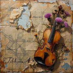 Digital Art Pictures Vintage Retro Violin Flowers Paper Wallpaper Desktop Decor