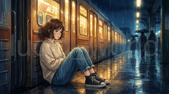 Sad Anime Girl Rainy Subway Digital Download 4K Wallpaper Cinematic Manga Art