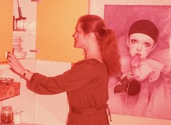LOT 2x, pretty girl w strange poster, vintage fine art slide, dia! 1970’