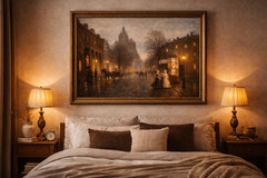 Vintage Paris Evening Street Scene – Romantic Oil Style Digital Art, Classic Eur