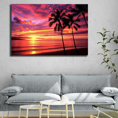 Hawaiian Sunset Wall Art, Tropical Palm Tree Beach Print, Pink Orange Skies Vibe