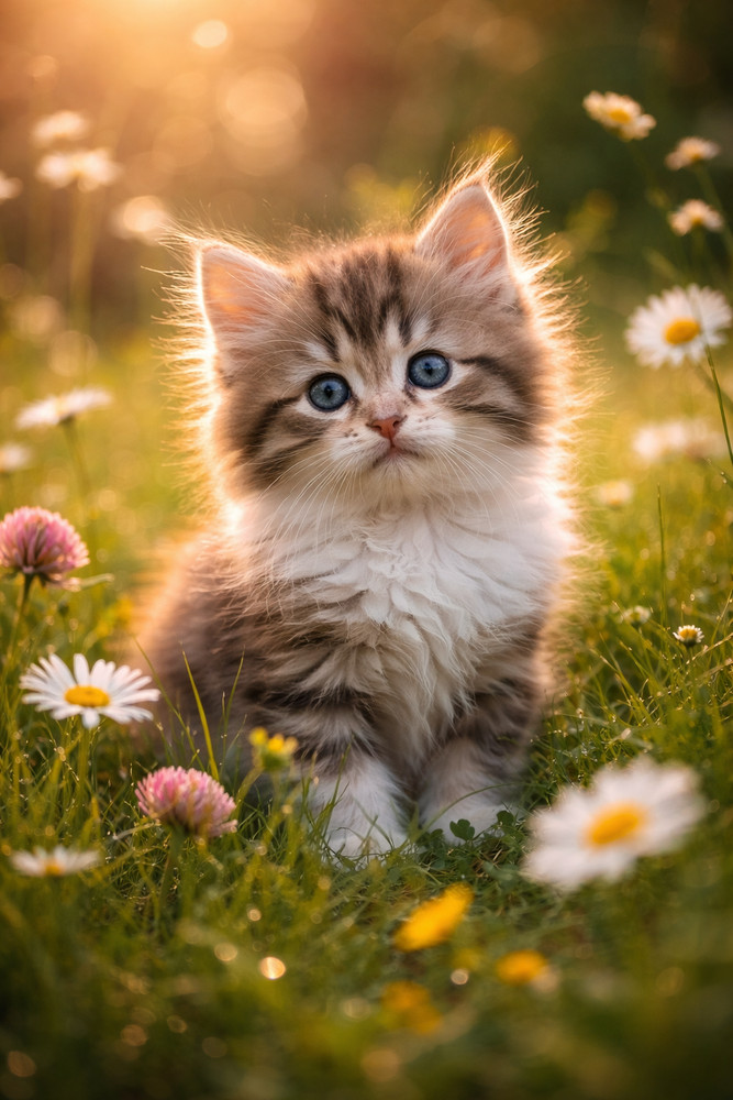Fluffy kitten in a sunlit meadow Photo Digital Product Wallpaper Image Picture
