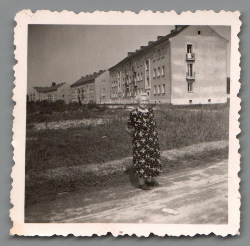 Photo woman before housing estate apartment buildings postwar F1156