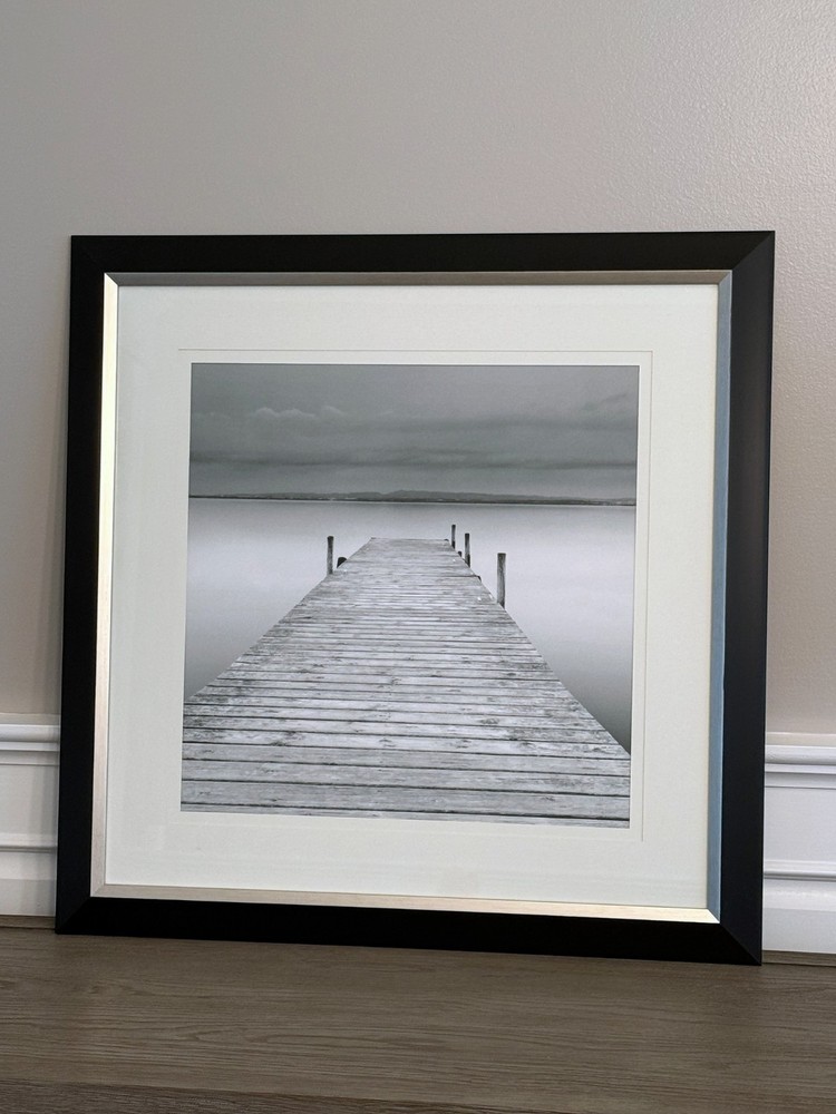 Wall Art, Framed Matted Black and White Photo, Dock On The Water – 27.5″x27.5″