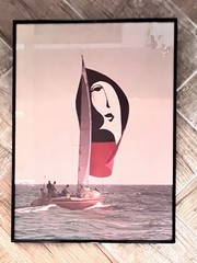 Vintage ART DECO Sailboat Photo Framed Lady Face Sail 18″H x 13″W Photograph