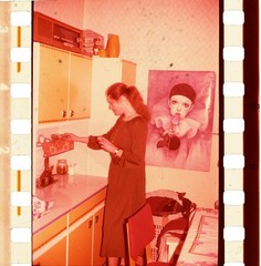 LOT 2x, pretty girl w strange poster, vintage fine art slide, dia! 1970’