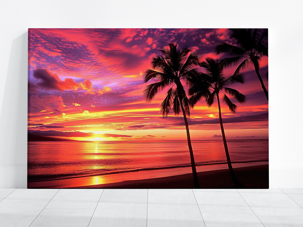 Hawaiian Sunset Wall Art, Tropical Palm Tree Beach Print, Pink Orange Skies Vibe