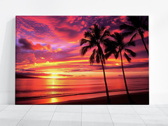 Hawaiian Sunset Wall Art, Tropical Palm Tree Beach Print, Pink Orange Skies Vibe