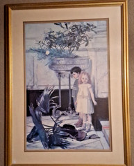 Framed 1990s Vintage Wall Art – Victorian Children with Fallen Plant – 27×38 – G