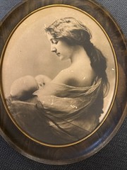 Antique Sepia Mother & Child Photogravure in Oval Frame, Art Nouveau c.1910