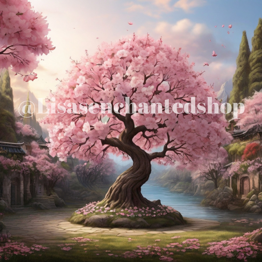 Digital Image Desktop Wallpaper AI Art – Japanese Cherry Blossom Tree in Garden