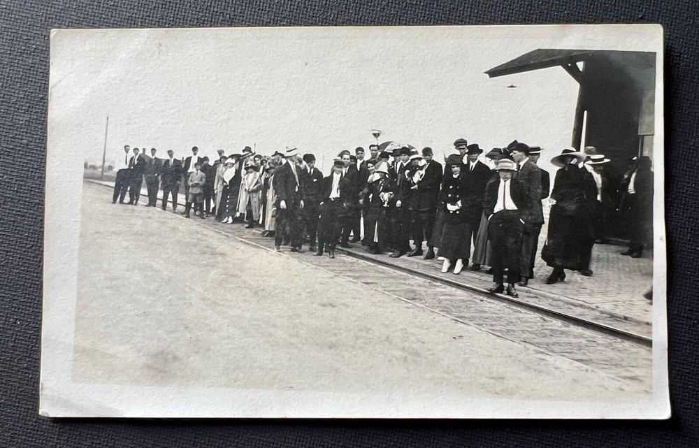 People On The Train Tracks RPPC Tourist Photograph Black and White