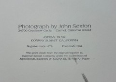 Original JOHN SEXTON ‘Aspens Dusk Conway Summit CALIFORNIA’ Signed PHOTOGRAPH