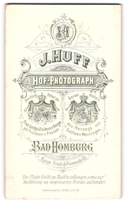 Photograph J. Huff, Bad Homburg, monogram and royal coat of arms