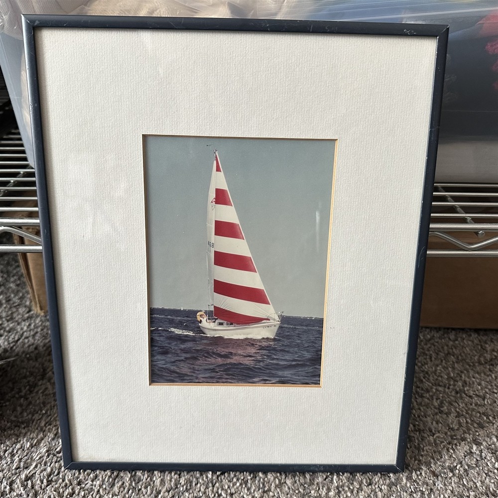 Sailing Photo Framed Vintage Red White Striped Sail Nautical Beach Decor Preppy