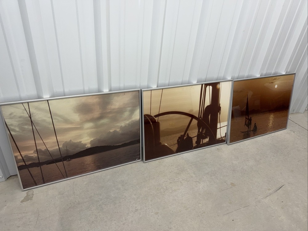3 Ocean Boat Sunset Sepia Scene 28.25”X 20.25” Silver Metal Framed Portrait