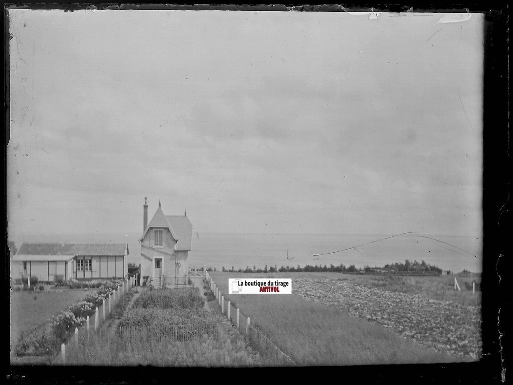 Villa, Ocean, Landscape, Plate Glass Photo Antique, Negative Black & White