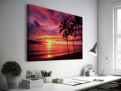 Hawaiian Sunset Wall Art, Tropical Palm Tree Beach Print, Pink Orange Skies Vibe