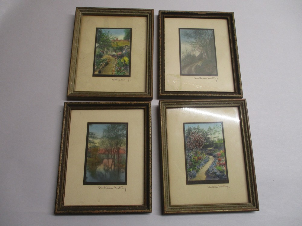 4 WALLACE NUTTING MINIATURE FRAMED PHOTOS ~ HAND TINTED ~ FRAMED ~ SIGNED 2″X3″