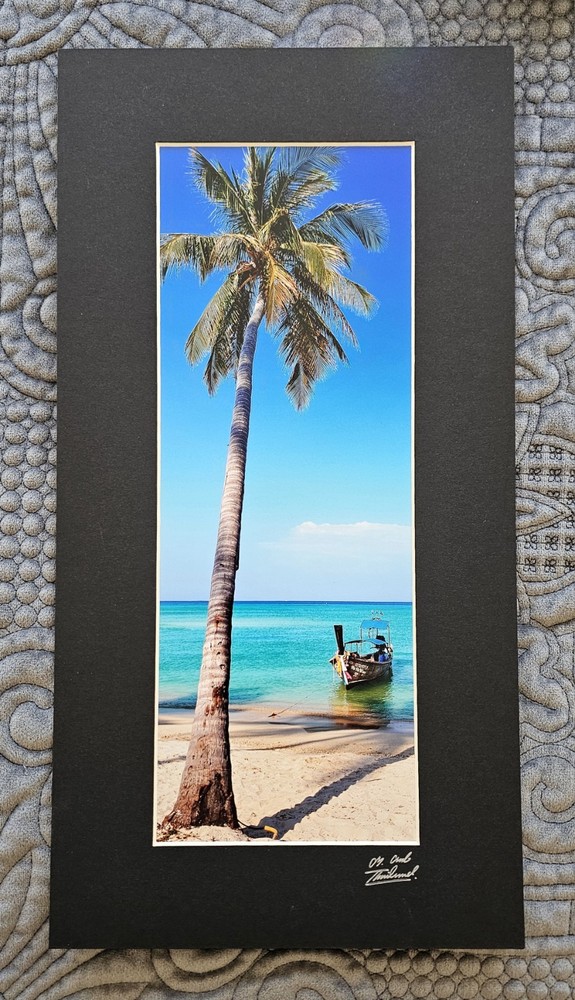 COLORFUL THAILAND PHOTOGRAPH Tropical Beach Island Decor, Palm Tree Boat, 8×15″