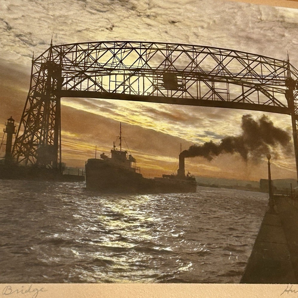 M.J. Humphrey Signed Hand Colored Photo Duluth Aerial Lift Bridge Ship MN 16×14