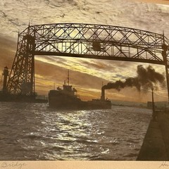 M.J. Humphrey Signed Hand Colored Photo Duluth Aerial Lift Bridge Ship MN 16×14
