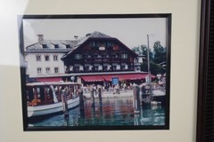 Lakeside Alpine Chalet Boats Pier Framed Matted Color Photo Print Wall Art