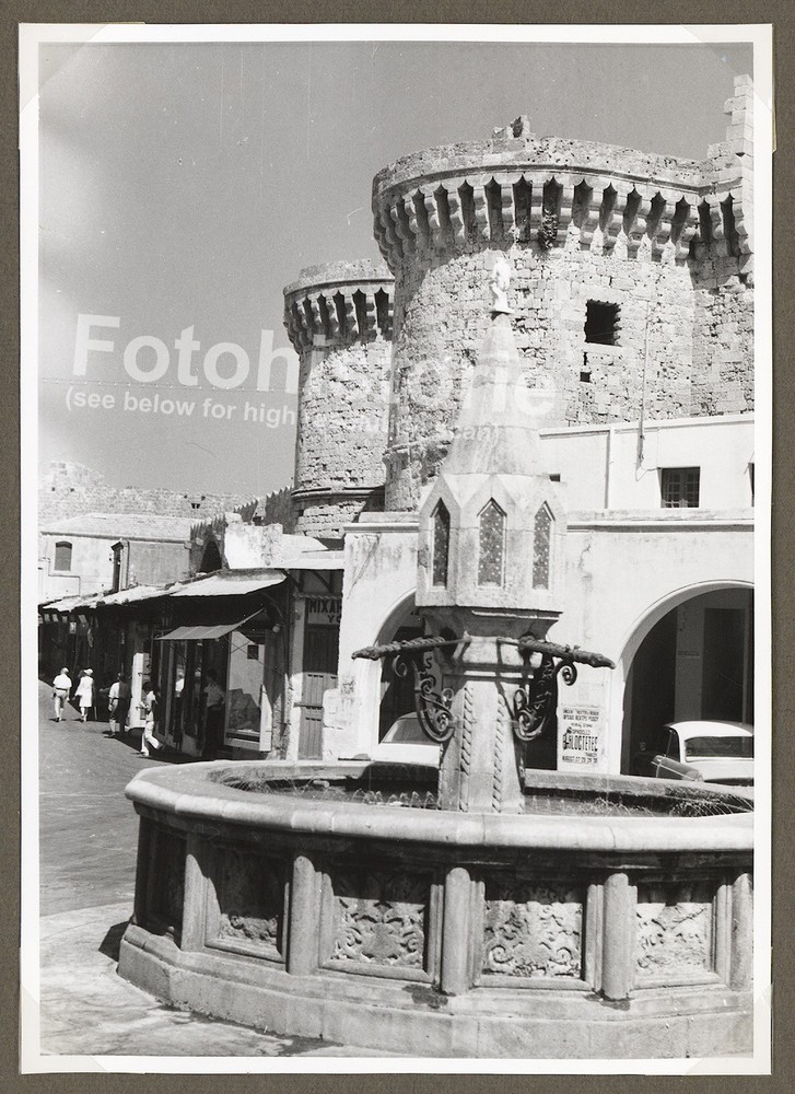 Photo Rhodes Fountain Fortress Old Town Architecture 1950s Greece Rhodes
