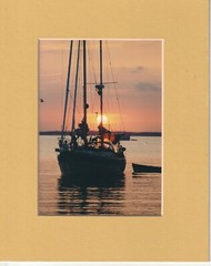 Colored photograph print 8×10 matted boat sailboat in a sunset scene