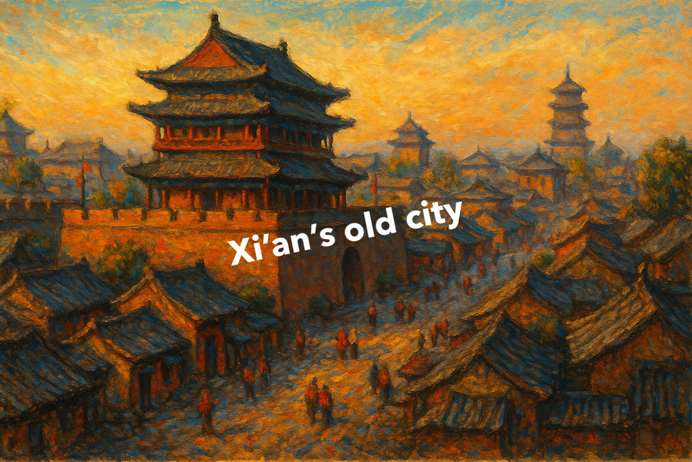Xi’an’s Old City, Landscape Oil Pastel Painting (AI GENERATED IMAGE)
