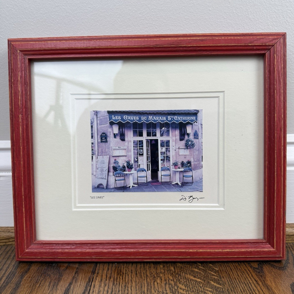 Framed Signed D. Jarry “Les Caves du Marais St. Catherine” Paris Café Print 11×9