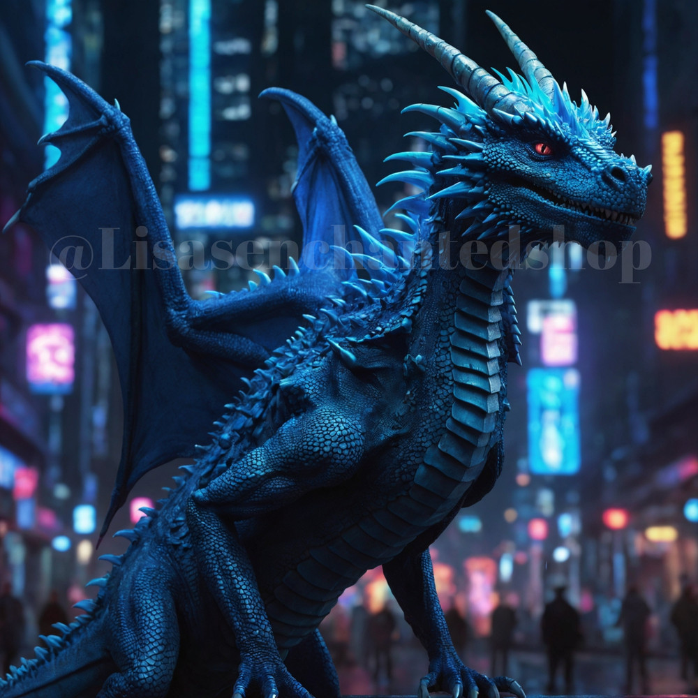 Digital Image Desktop Wallpaper AI Art – Blue Dragon in the Big Night City