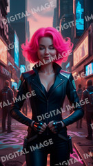 Digital Art Picture AI Lady Cyberpunk Street Neon Pink Hair JPG High Resolution