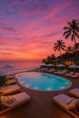 Digital Photo Art Wallpaper, Tropical Sunset with Pool and Palm Trees