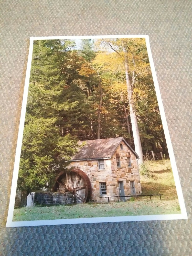 19×13 Digital Art Photograph Water Wheel Grist Mill Stone Building In The Woods