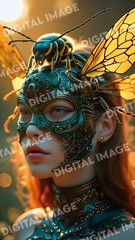 Intricate Wasp Mask Portrait – Futuristic Totem Cyberpunk Digital Art Print