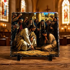 Jesus Forgives Woman Comic Book Style Rock Slate Religious Decor