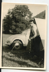4 Vintage Photos Beetle Car at Campground 1960, 10x7cm