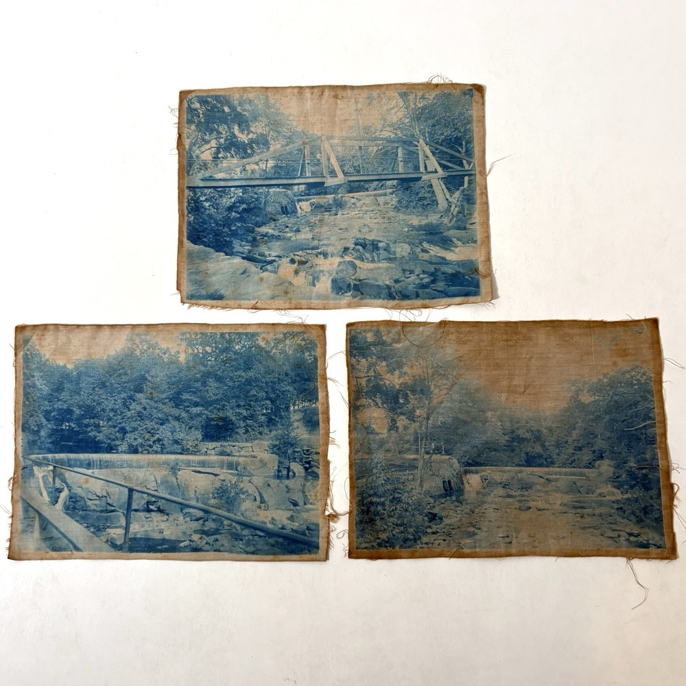 Antique Cyanotype Lot Historic Bridge River Linen Fabric Photograph Blue Unknown