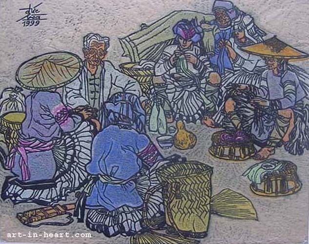 Duc Hoa Nguyen RURAL FAIR wood cut painting 30x40cmborn 1957 VUFA
