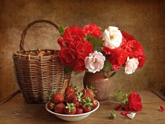 Roses flowers strawberry basket wallpaper