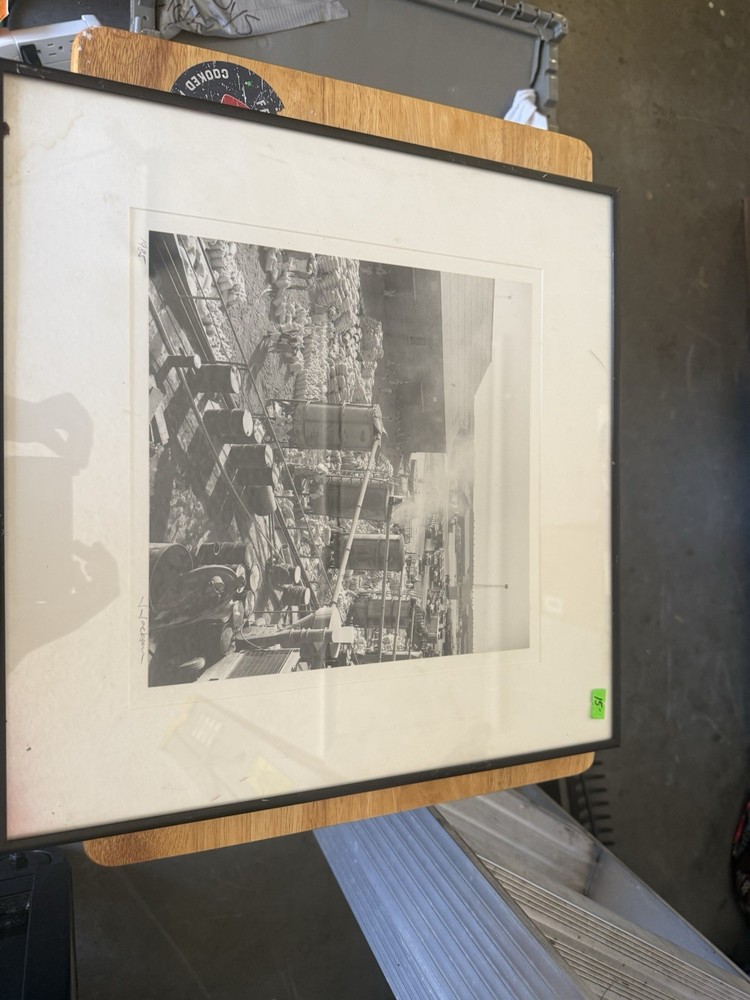 Framed Black & White Industrial Railroad Yard Landscape Documentary Photograph