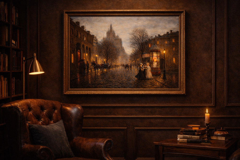 Vintage Paris Evening Street Scene – Romantic Oil Style Digital Art, Classic Eur