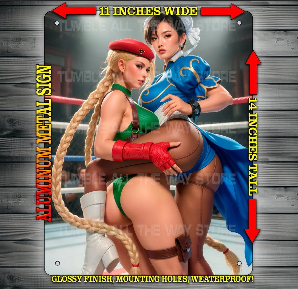 Sexy Cammy and Chun Li Battle Street Fighter Metal Sign Wall Art 14×11